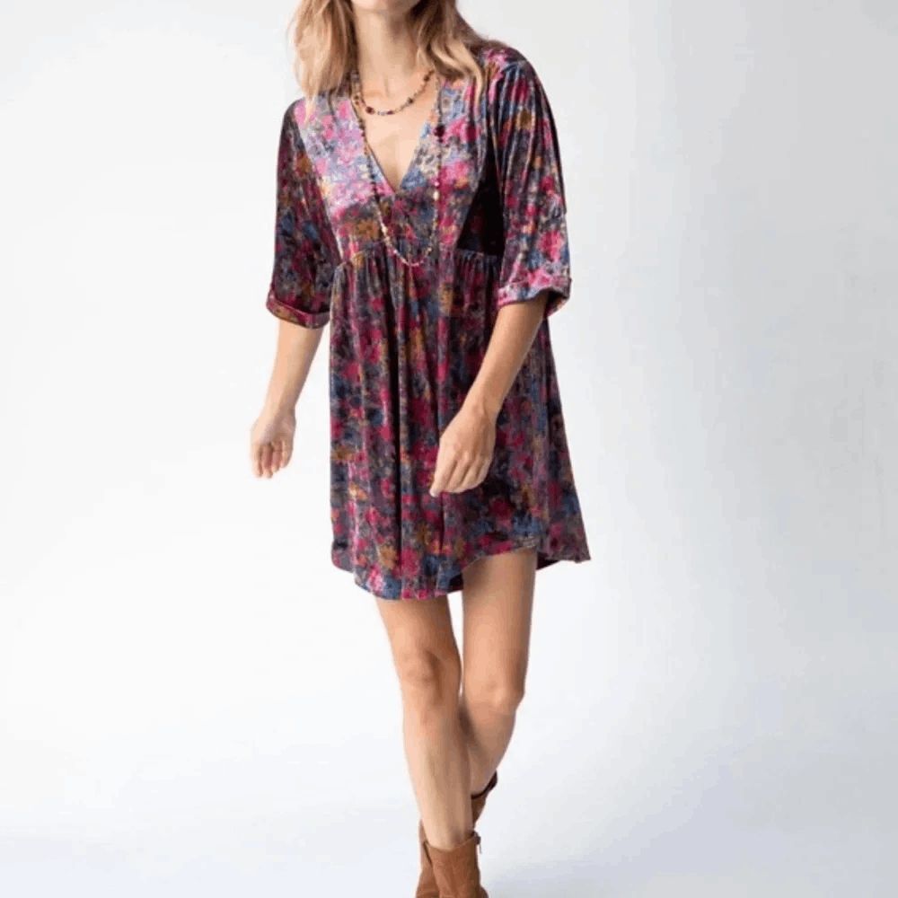 Natural Life Velvet Floral Print 3/4 Sleeve Mini Tunic Dress Women's Size XL